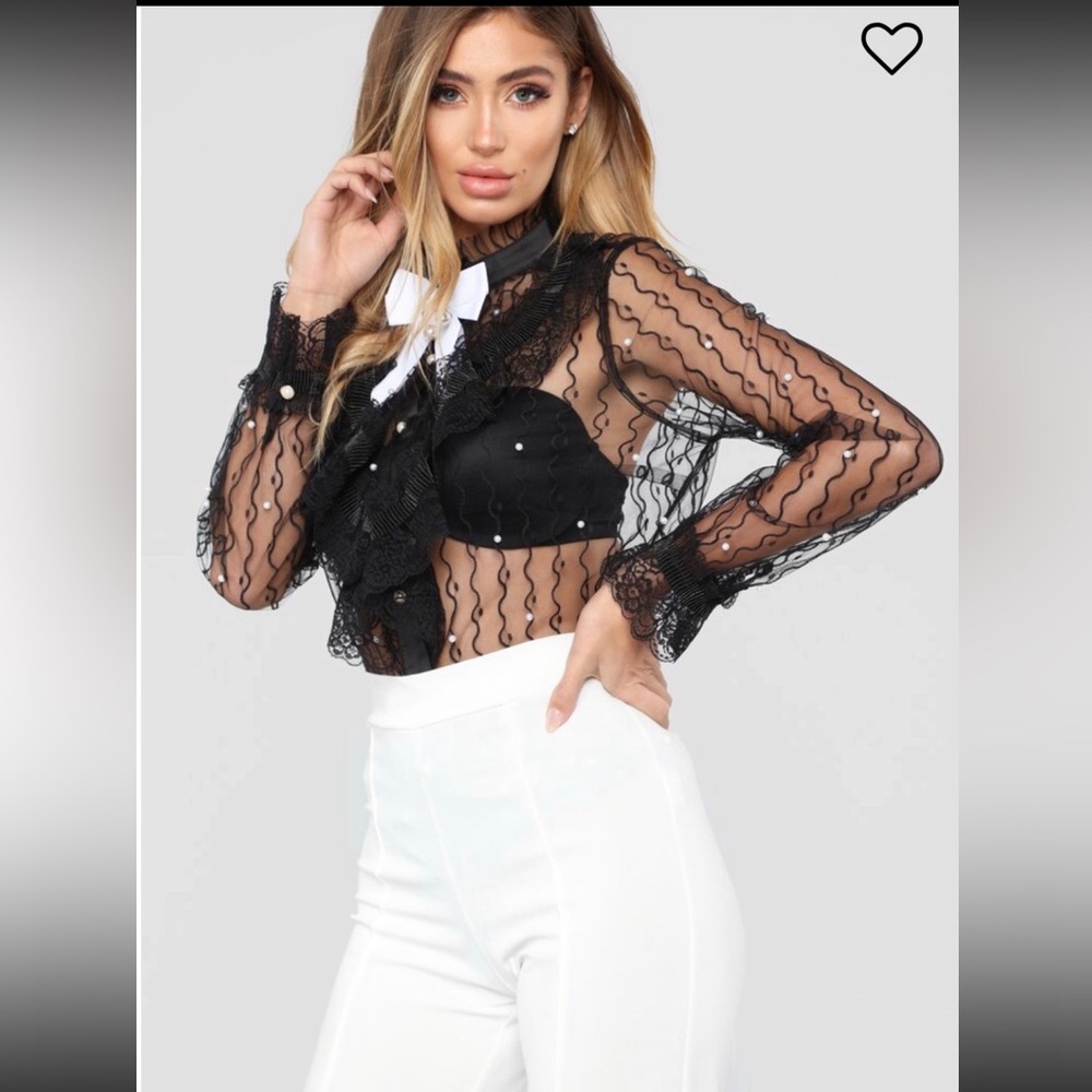 Sheer Black Lace Ruffle Pearl Shirt, S